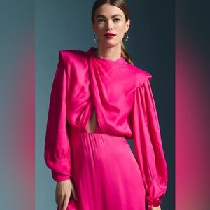 Farm Rio Anthropologie Hot Pink Shoulder Pads Key Hole Open Back Dress Size M